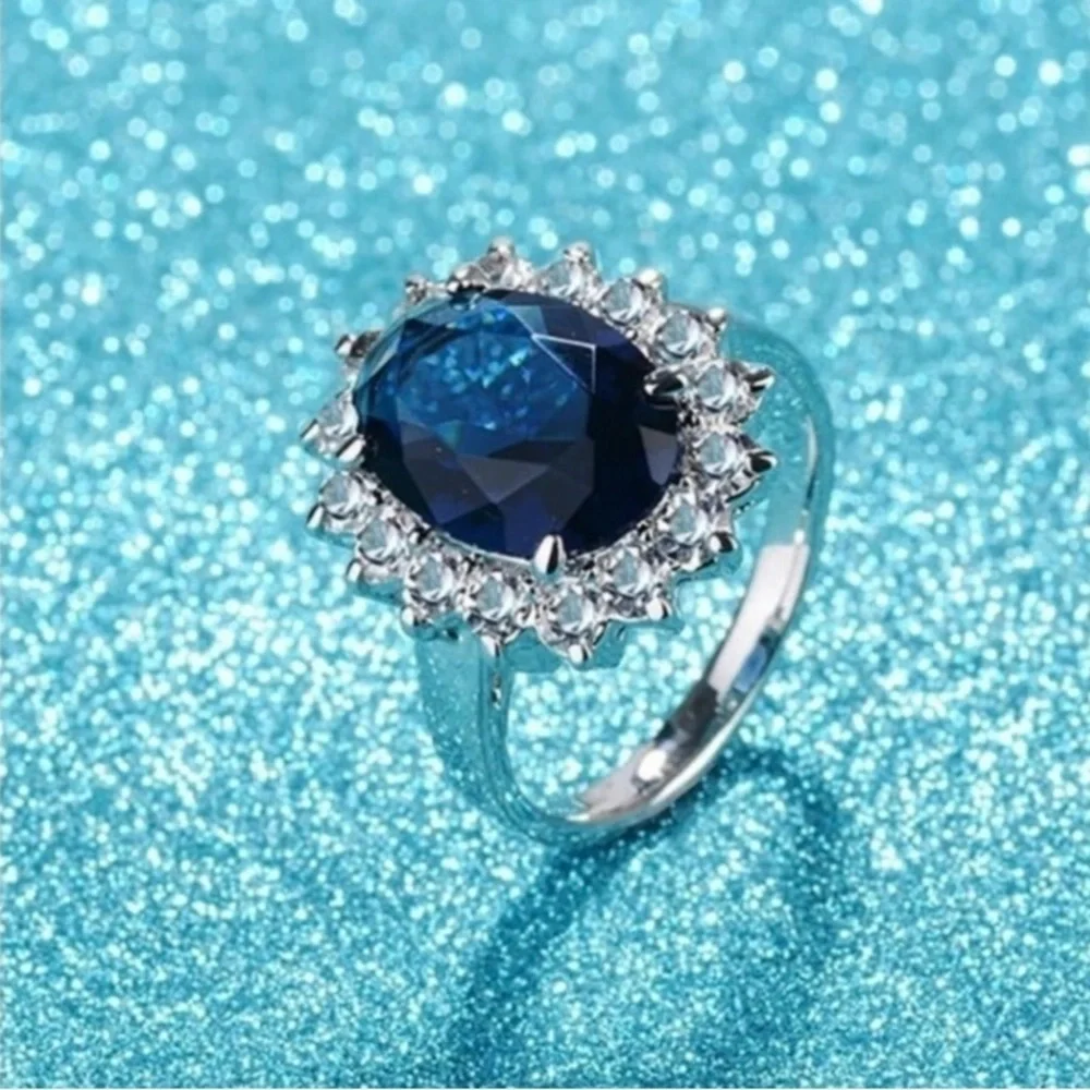 925 Sterling Silver Oval Blue Sapphire Ring - Picture 6 of 8